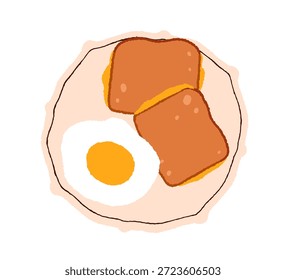 Simple breakfast meal. Fried egg and toasts with cheese and bread. Classic traditional morning dish, homemade food served on plate, top view. Flat vector illustration isolated on white background