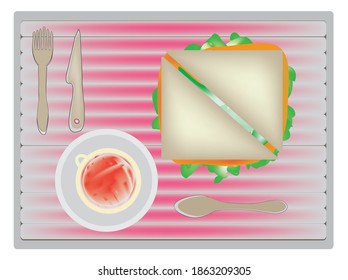 Simple Breakfast Menu On The Tray With Cutlery, Top View Of Clip Art Of Sandwich On Tray, Vector Illustration. Colorful Fast Food On Tray, Top View Of Sandwich, Cheese Burger On Red Ash Tray Top View