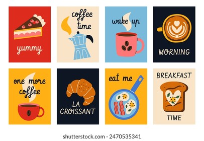 Simple breakfast posters collection in trendy flat style. Minimalist decor for cafe, restaurant or kitchen.