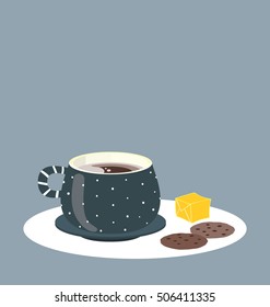 Simple breakfast serving with cookies and a cup of coffee on the blue background.
Big copy space on the top of the image.

