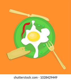 "Simple breakfast.Top view." - green plate with scrambled eggs, ketchup,green peas and a piece of bread,knife and  fork isolated on orange background. Vector illustration. Flat style.
