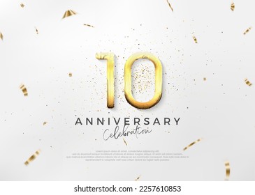 Diseño de 10 años sencillo y luminoso con números de oro lujosos y elegantes. Fondo vectorial premium para saludos y celebraciones.