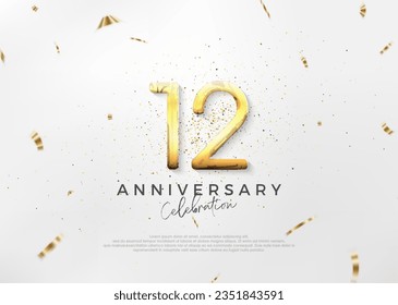 Diseño de 12 años sencillo y luminoso con números de oro lujosos y elegantes. Fondo vectorial premium para saludos y celebraciones.