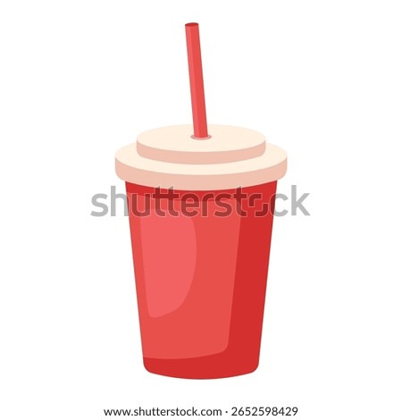 Simple bright cartoon illustration of a red takeaway soda cup with lid and straw. For fast food, beverage and refreshment-themed design. Flat vector. Isolated bacground. Minimal.