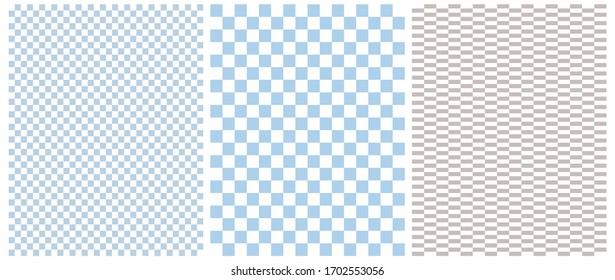 Simple Bright Checkered Seamless Vector Patterns. 3 Various Grid Print. White Squares Isolated on a Light Blue and Gray Background. Simple Pastel Color Geometric Repeatable Design ideal for Fabric. 