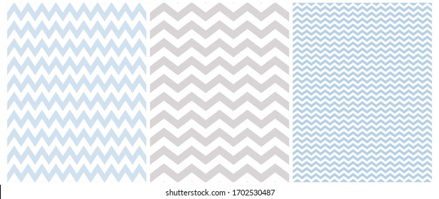 Simple Bright Chevron Seamless Vector Patterns. 3 Various Chevron Print. White Zig Zags Isolated on a Light Blue and Gray Background. Simple Pastel Color Geometric Repeatable Design ideal for Fabric. 