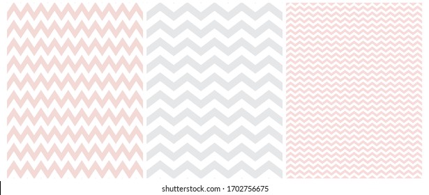 Sencillos Patrones de vectores sin soldadura Chevron. 3 Varios Chevron Print. Zags de Zig blancos aislados en un fondo rosa claro y gris. Diseño Geométrico Repetible en Color Pastel Simple, ideal para el Tejido. 