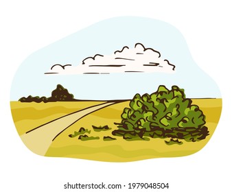 Simple bright color vector drawing. Spring summer landscape, steppe grass, green bushes, road, blue sky, clouds. Rural, suburban nature.