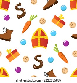 Simple bright colorful vector seamless pattern. Celebration of Saint Nicholas Day, Sinterklaas. Red miter, shoes, carrots, gifts and cookies on a white background.