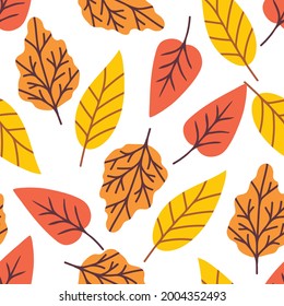 Simple bright floral vector seamless pattern. Red, yellow, orange autumn leaves on a white background. For prints of fabric, textile products, stationery.