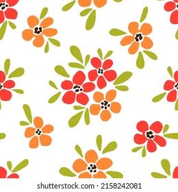 Simple bright floral vector seamless pattern. Red, orange flowers, green leaves on a white background. For fabric prints, textile products, home decor, tablecloth. Spring summer collection.