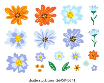 Simple bright floral vector set. Blue, orange color flowers of different shapes. Elements for creating patterns, design.