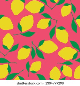 Simple bright fruit pattern. Red coral background, juicy lemons . Good print for textiles, packaging.