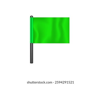 A simple bright green flag waves gently on a black pole, standing out vividly.