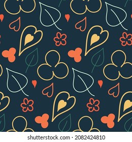 Eineinfaches, helles Blumenblatt, nahtloses Muster auf dunklem Hintergrund, Tapete, Stoffdesign, Vektorgrafik