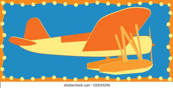 Simple bright orange and yellow sea airplane cartoon side view vector illustration with circles and blue background.