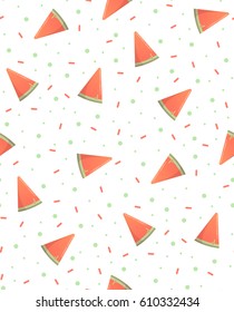 Simple bright seamless background with slices of watermelon and geometric elements. Fruit background for fabric, cover, children's clothing. Vector illustration.