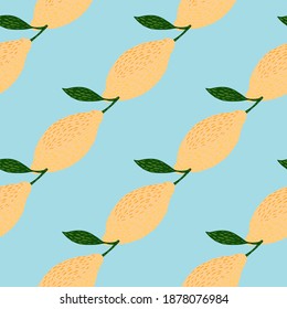 Simple bright seamless lemon pattern. Light yellow citrus fruit on blue background. Stock illustration. Vector design for textile, fabric, giftwrap, wallpapers.