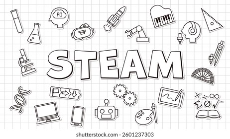 A simple and bright title design that represents STEAM education. A symbol of learning science, technology, engineering, art, and mathematics.