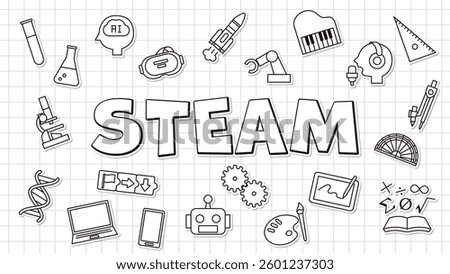 A simple and bright title design that represents STEAM education. A symbol of learning science, technology, engineering, art, and mathematics.