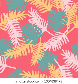 Simple bright tropical pattern. Red coral background, colored tropical leaves . Good print for textiles, packaging.