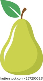 Simple and bright vector illustration of a green pear with a smooth surface, a single brown stem, and a fresh green leaf, designed in a minimalistic style