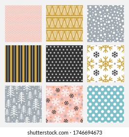 Simple bright winter patterns set in square vector illustration. Collection of various bright textures flat style. Modern design concept. Isolated on white background