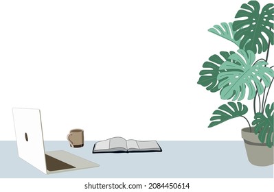 simple, bright workplace, workspace illustration with laptop, coffee mug, notebook and green Monstera plant. White background with lots of copy space