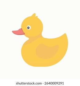Simple and bright yellow rubber duck, designed in a flat style, suitable for use in children's or playful projects.  The duck is oriented sideways, showing its profile.  