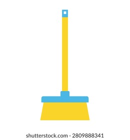 A simple broom with a yellow handle and blue accents on a clean white background