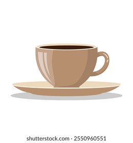 Simple Brown Ceramic Cup with Saucer, Side View Illustration, Perfect for Coffee, Tea, Cappuccino, or Herbal Drinks, Isolated on White, Editable and Scalable EPS File