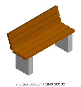 Simple brown city bench with backrest in isometric view isolated on white. Concrete base and wooden seat. Vector EPS10.