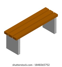 Sencillo banco de ciudad marrón en vista isométrica aislado en blanco. Base de hormigón y asiento de madera. EPS10 vectores.