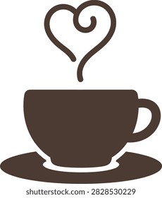 Simple brown coffee cup icon with steam forming a heart shape on white background. Perfect for cafe menus, valentines day, and beverage branding.