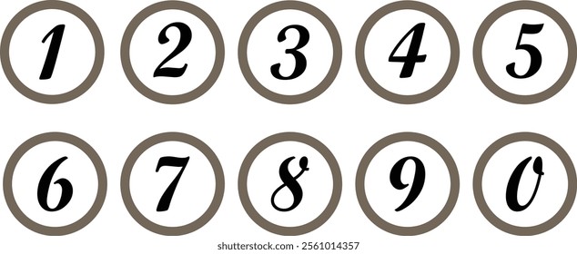 simple brown color bullet points stroke round number set from one to nine simple flat style the numbers on the brown circles are lined up number shown on a white background