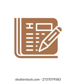 A simple, brown icon depicting a notebook with a pencil, symbolizing writing and note-taking.