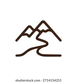 Ein einfaches Kunstsymbol mit brauner Linie, das zwei Berge und einen gewundenen Pfad oder Fluss darstellt, perfekt für Outdoor-, Reise- und Naturdesigns.