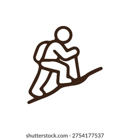A simple brown line art icon of a hiker with a backpack and walking pole climbing a steep hill. A symbol for hiking, trekking, and outdoor adventure.