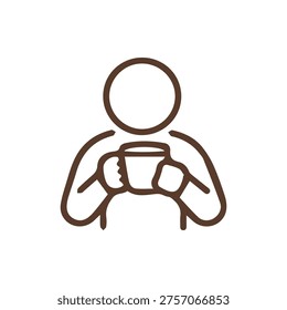 A simple brown line art icon of a person holding a cup. Minimalist vector illustration perfect for coffee shop menus, break time concepts, and UI design.