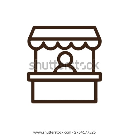 A simple brown line art icon of a market stall with a vendor behind the counter. This versatile graphic represents local business retail and shopping.
