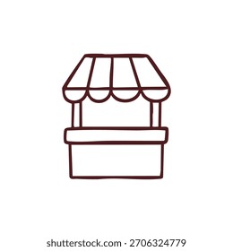 Um simples desenho de linha marrom representa uma pequena banca com um toldo listrado sobre um fundo branco.