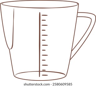 Simple brown line drawing of an empty measuring cup featuring a clear measuring scale, perfect for enhancing recipes, cooking, and baking endeavors in any kitchen