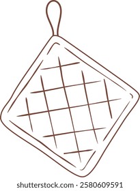 Simple brown line drawing featuring a hanging quilted pot holder with a checkered pattern, designed for protecting hands from heat, isolated against a clean white background