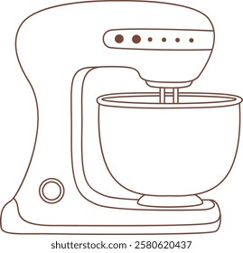 Simple brown line drawing featuring a stand mixer in action, blending ingredients for delicious recipes. Perfect for use in cookbooks, cooking websites, or kitchen themed graphics