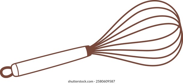 Simple brown line drawing of a kitchen whisk with thin metal wires and handle with hook, isolated on white background, representing baking and cooking tools