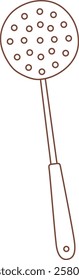 Simple brown line drawing of a skimmer, a kitchen utensil with a round perforated head and a long handle, ideal for lifting food out of liquids