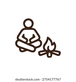 A simple brown line icon depicting a person sitting cross-legged in front of a campfire. Perfect for outdoor adventure and relaxation themes.