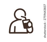 A simple brown line icon on a white background depicting a person drinking a beverage from a cup with a straw. A minimal symbol for drinks or thirst.