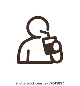 A simple brown line icon on a white background depicting a person drinking a beverage from a cup with a straw. A minimal symbol for drinks or thirst.