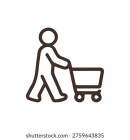 A simple brown line icon of a person walking and pushing a shopping cart. This minimalist vector graphic represents a shopper, customer, or consumer.